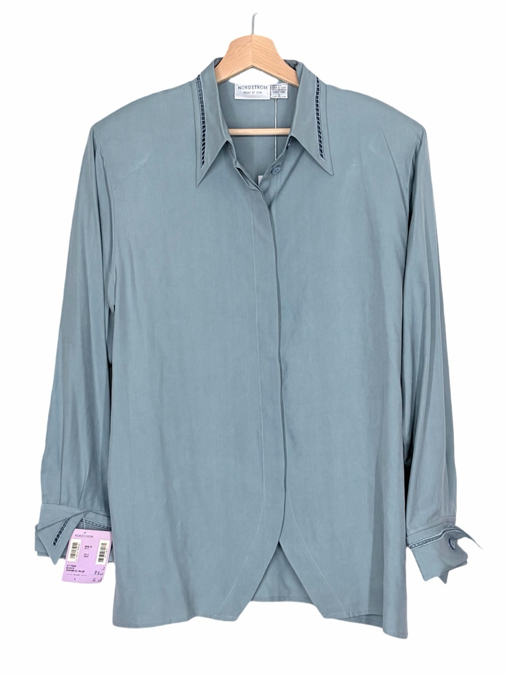 Vintage 80’s Nordstrom Blue-Gray Silk Blouse Padded Shoulders Size Large NWT